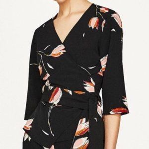 Zara Black Tulip Print Kimono Wrap Blouse | S